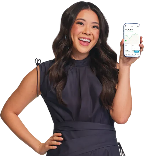 Vivian Tu holding a phone showing the SoFi Invest app